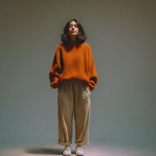 Person stands in a plain room, wearing an oversized orange sweater and beige pants, conveying a calm mood. Floor lit softly.