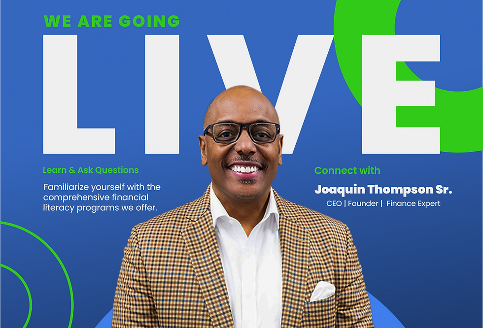 Smiling man in checked jacket on blue-green background with "LIVE" text. Details about financial literacy programs and connecting.