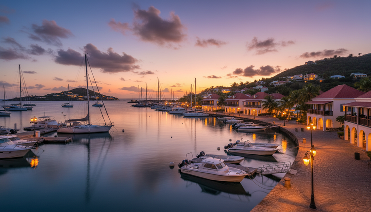 Eye-level view of Gustavia harbor with sailboats and red-roofed buildings in warm evening light.