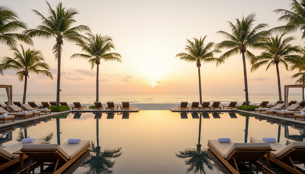 Infinity pool with loungers overlooking the ocean at sunset