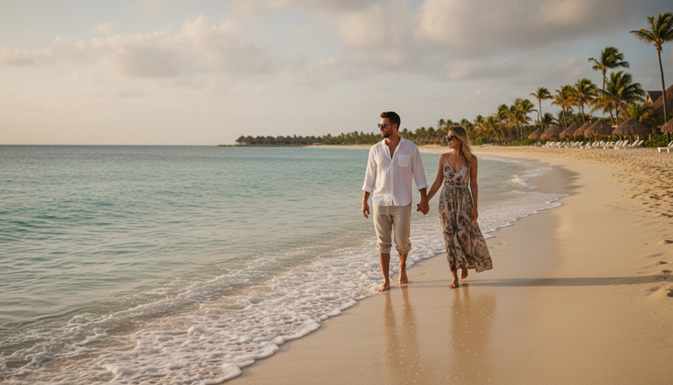 Eye-level view of a couple walking along a quiet Caribbean shoreline.