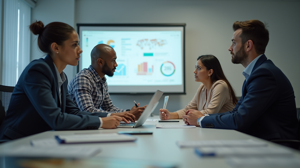 Eye-level view of team members discussing virtual account implementation
