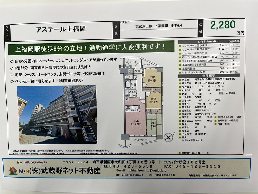 上福岡駅徒歩６分（中古マンション２２８０万円）