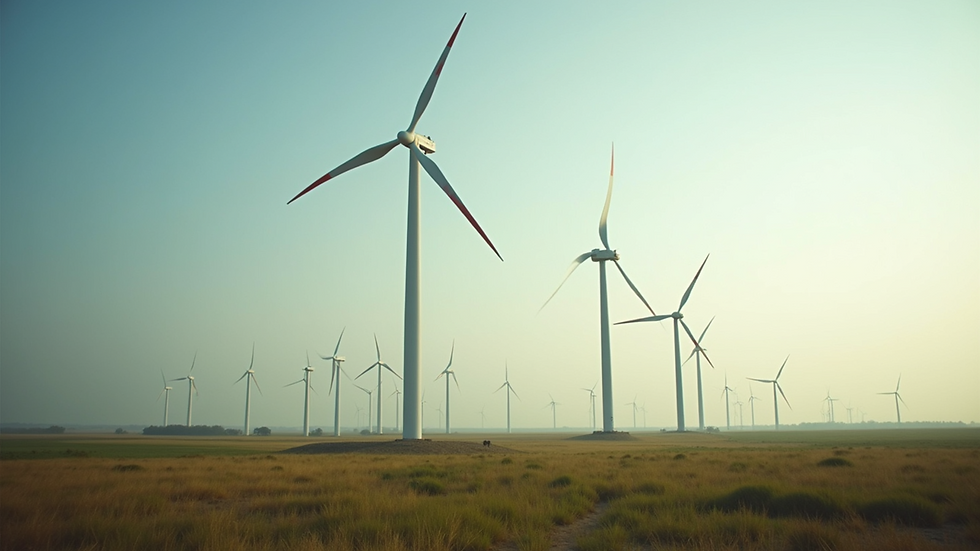 Eye-level view of a wind turbine farm in an Indian coastal area