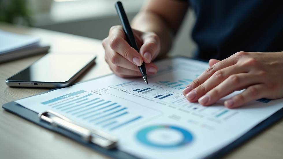 High angle view of a person reviewing a credit report with a pen.