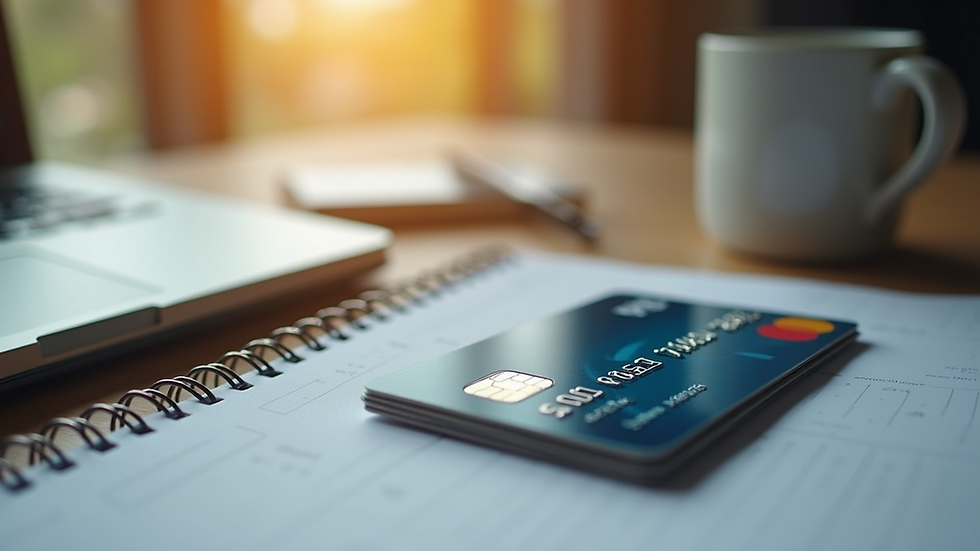 Close-up view of a secured credit card and a notebook.
