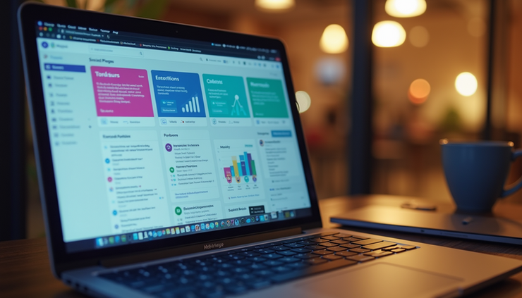 Eye-level view of a laptop screen showing a colorful social media dashboard