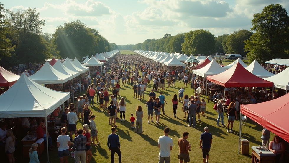 High angle view of a lively outdoor festival in Kincardine with tents and crowds