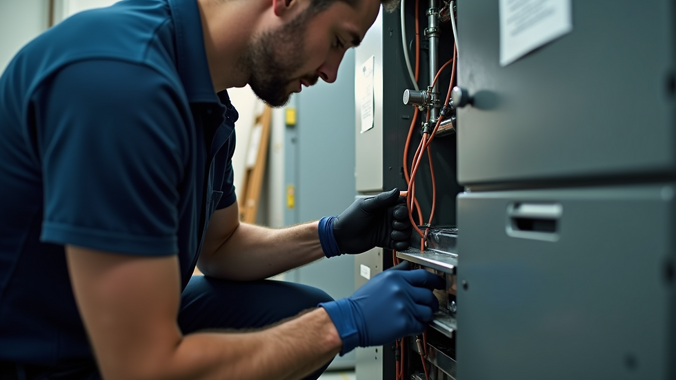Close-up view of a technician performing HVAC maintenance on a furnace