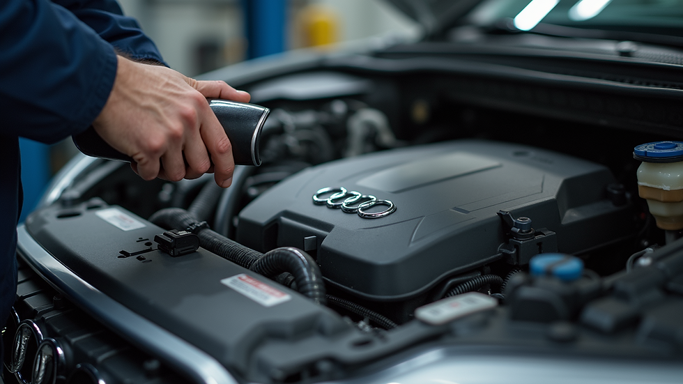 Close-up view of a mechanic using diagnostic tools on an Audi engine