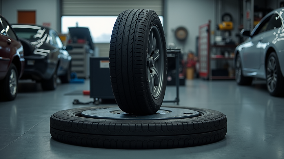 Eye-level view of a tire balancing machine in a garage