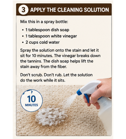 Step 3: Apply cleaning solution; hand sprays carpet stain with bottle. Text lists soap, vinegar, water and 10 minutes.