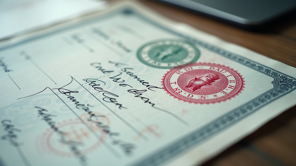 Close-up view of official documents with stamps and signatures