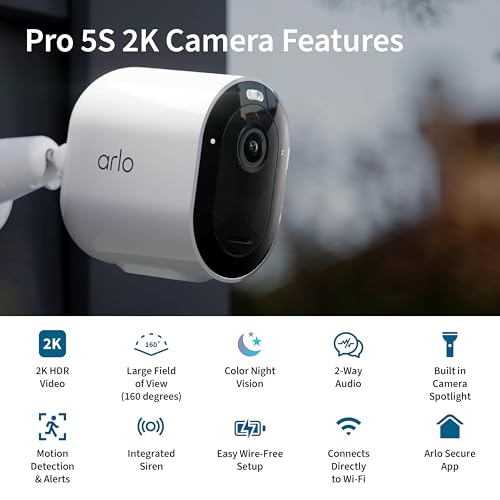 Arlo Pro 5S Spotlight Security Camera 2K HDR | Outdoor | Wireless | Dual-Band Wi-Fi Connects to the Strongest Network | 12X Zoom, 2-Way Audio, Siren, Color Night Vision, Live Stream White (Renewed) product image