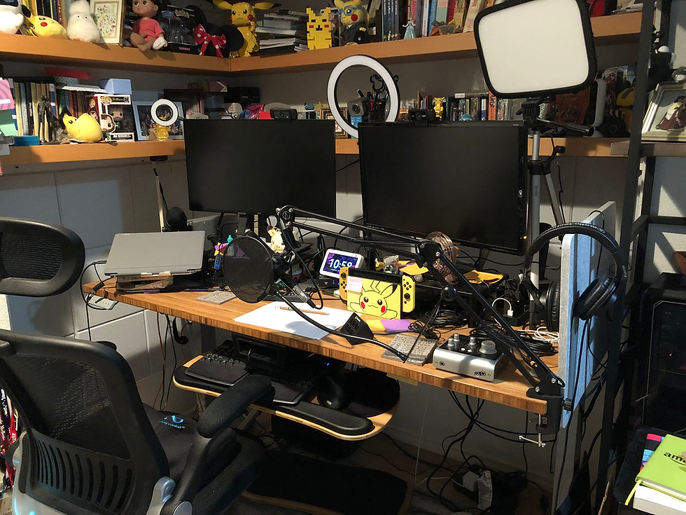 Minimal desk setup with a webcam, ring light, microphone, and dual monitors
