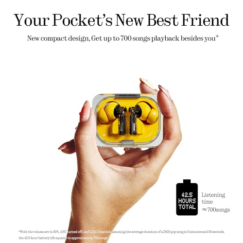 Nothing Ear (a) Wireless Earbuds, 45dB Hybrid Noise Cancelling Earbuds, Hi-Res Audio, Advanced Equaliser, Dual Connect, 6 Mics, 42.5H Playtime Ear Buds Wireless Bluetooth, Yellow product image