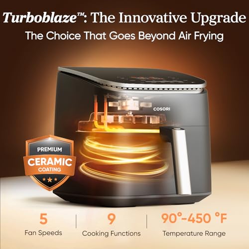Cosori 9-in-1 TurboBlaze Air Fryer 6 Qt, Premium Ceramic Coating, 90°–450°F, Precise Heating for Even Results, Air Fry, Roast, Bake, Broil, Dry, Frozen, Proof, Reheat, Keep Warm, 120V, Dark Gray product image