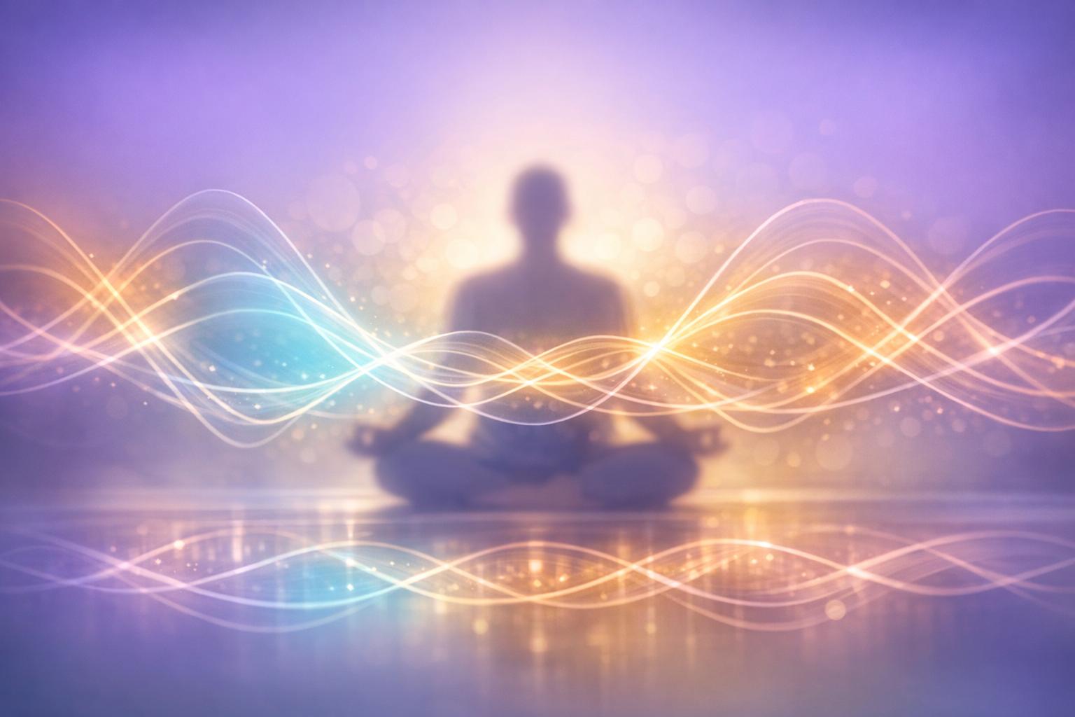 Set of tuning forks arranged with the human energy field illustrated behind