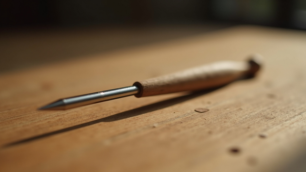 Close-up view of a sound therapy tuning fork on a wooden surface
