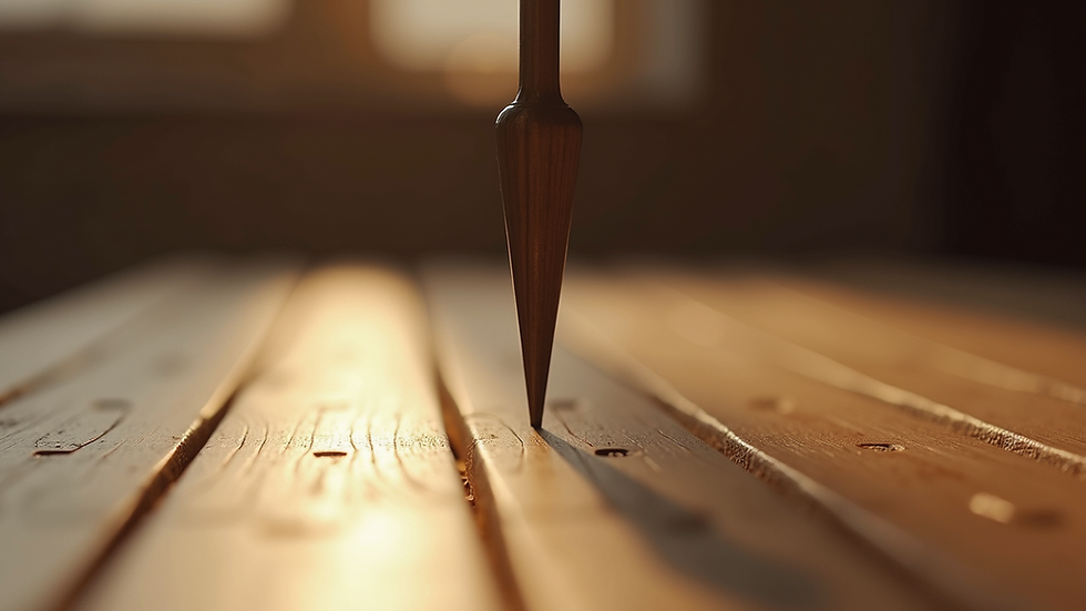 Close-up view of a tuning fork vibrating on a wooden surface
