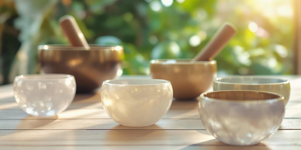 Sound healing setup with singing bowls and tuning forks