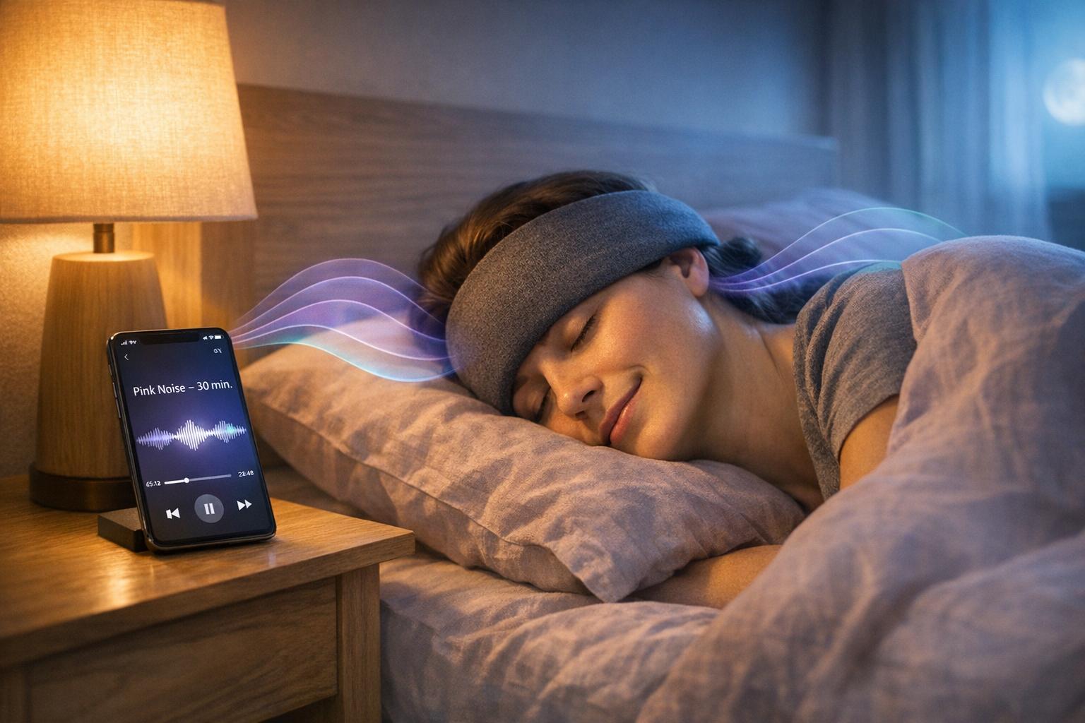 Person sleeping peacefully with sound therapy playing