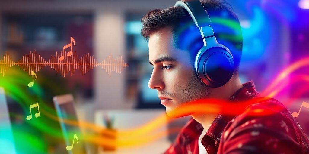 Person wearing headphones working at a desk with focus music playing