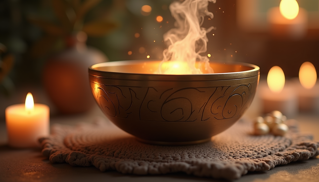 Crystal singing bowl producing healing sound waves for third eye activation
