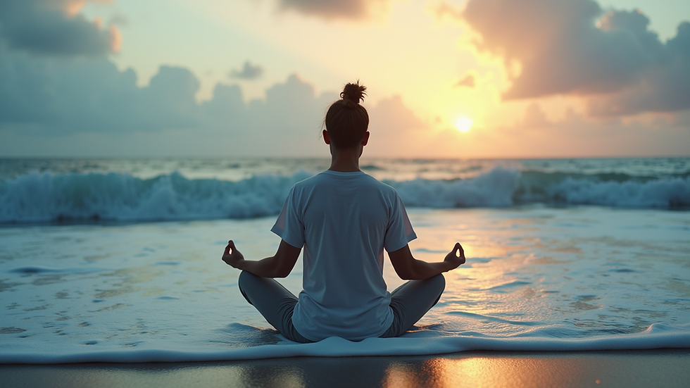 Eye-level view of a person meditating with sound waves in the background