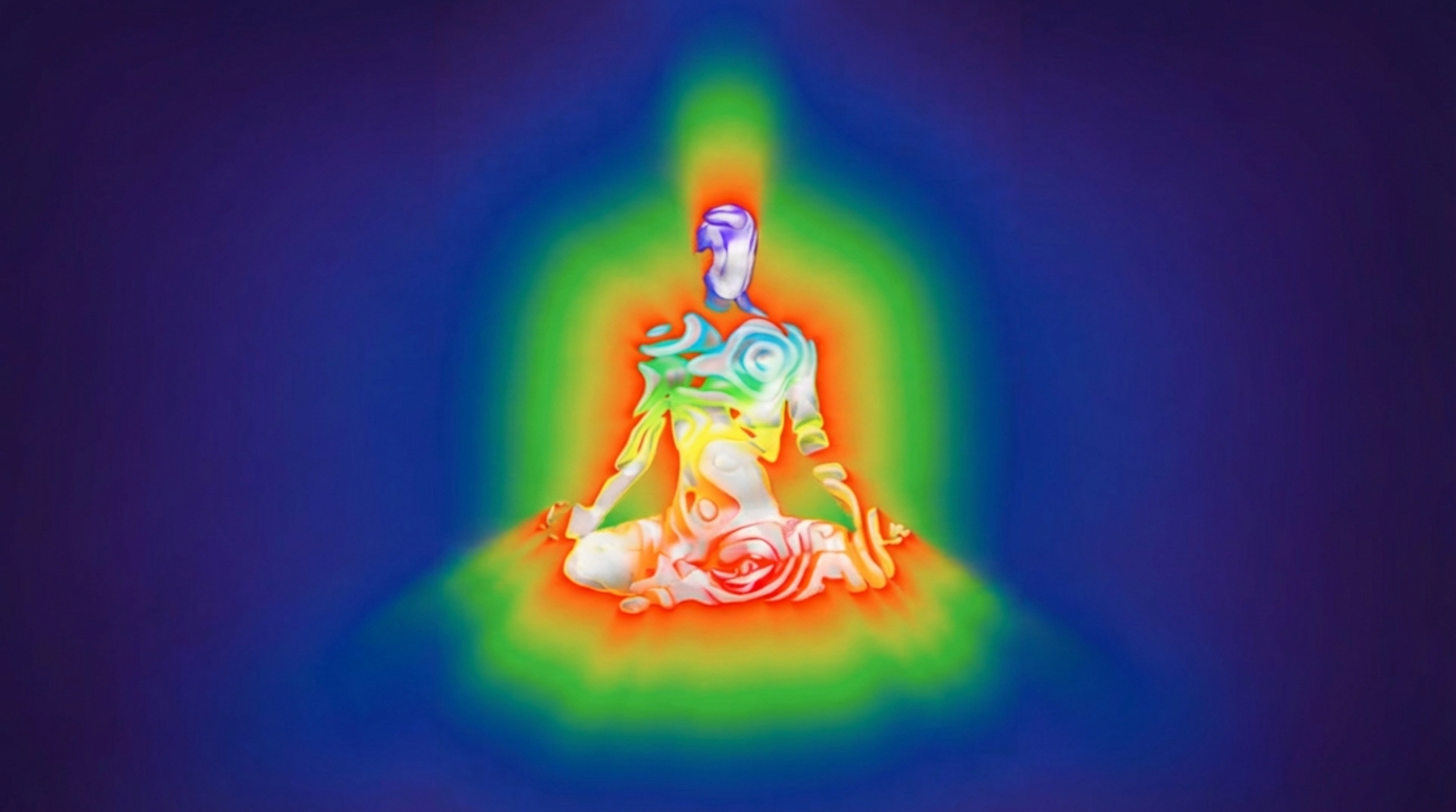 Meditating silhouette surrounded by a glowing chakra aura
