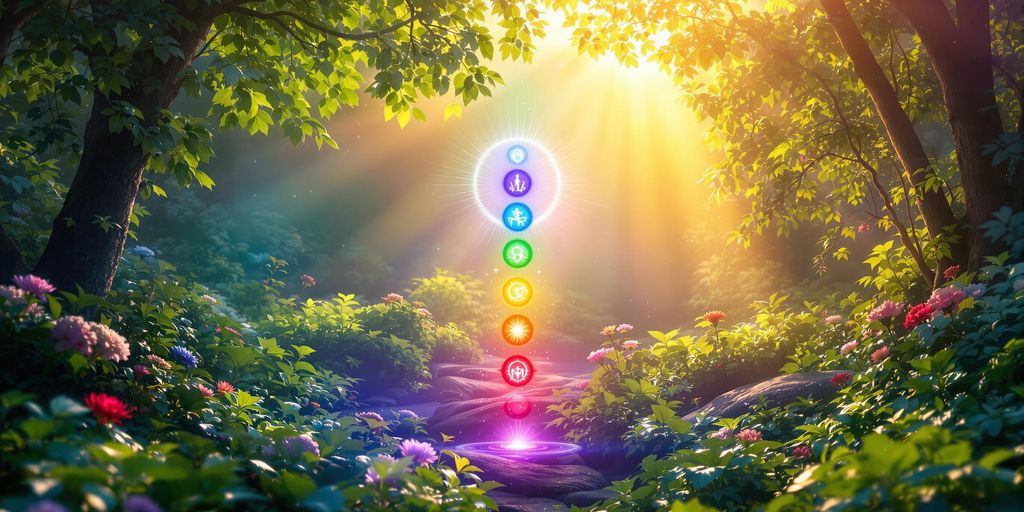 Seven chakras aligned along the spine with corresponding sound frequencies