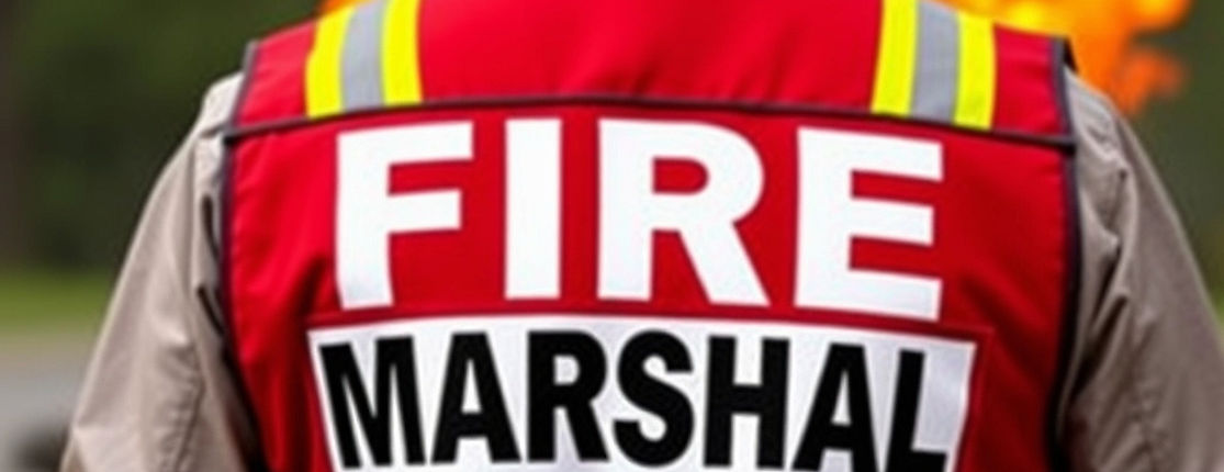 fire marshal vest, change text to 'FIRE MARSHAL' keep the person and add a fire in the bac