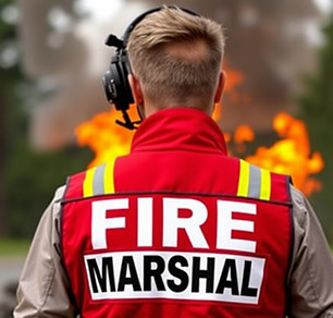 fire marshal vest, change text to 'FIRE MARSHAL' keep the person and add a fire in the bac