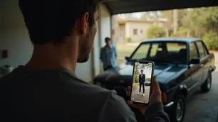 Jovem empreendedor de costas dentro de uma garagem simples, segurando um celular com a tela visível. No celular, aparece o feed do Instagram com a imagem de um empresário rico, de terno, posando em frente a uma BMW preta. Ao fundo, está estacionado um carro antigo, modelo Corsa Classic. A cena representa comparação social, frustração e o contraste entre realidades no início da jornada empreendedora.