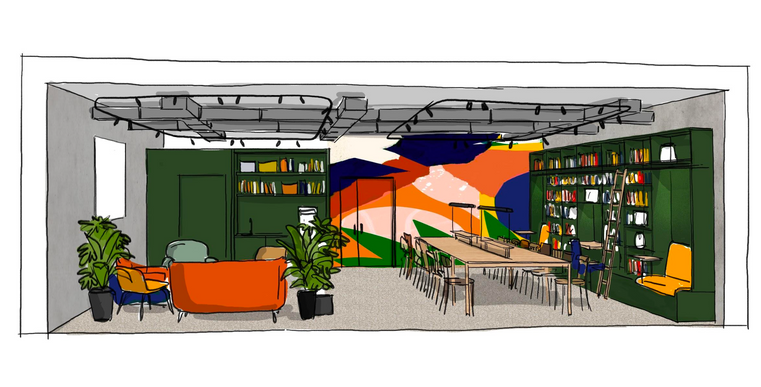 Espace coworking chaleureux dans un projet de coliving
