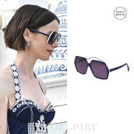 split image showing lily collins on left and pair of sunglasses on right