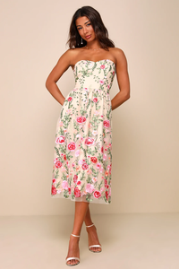 Endless Praise Beige Floral Embroidered Strapless Midi Dress
