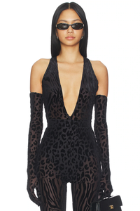 Animal Print Burnout Bodysuit With Gloves