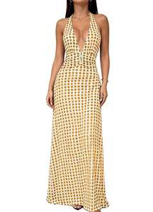 Womens Sleeveless Halter Floral Maxi Long Dress