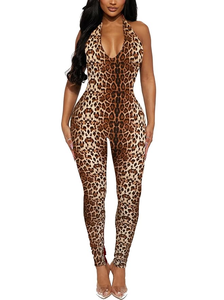 Women's Halter Bodycon Black Jumpsuits - One Piece Backless Leopard Catsuit
