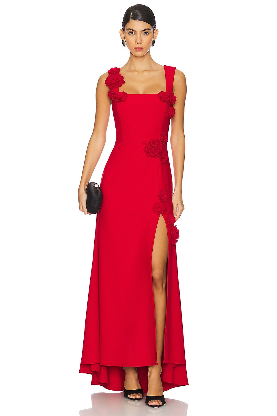 red dress with floral applique