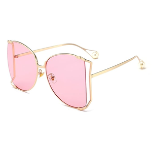 Women Oversized Semi Rimless Sunglasses Retro Metal Frame Glasses Fashion Pearl Design
