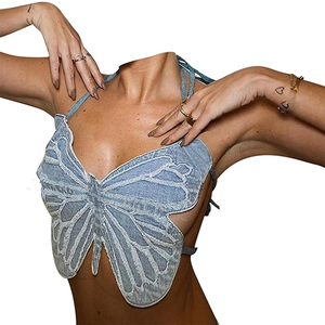 Women's Y2k Denim Butterfly Halter Crop Top