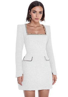 model in white square neck tweed dress