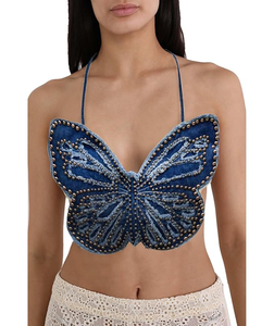 Women's Y2k Denim Butterfly Crop Halter Tank