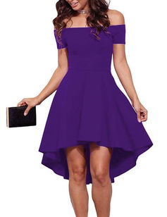 model in strapless purple dress
