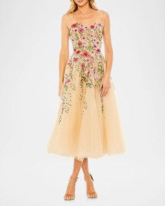 Floral-Embroidered Tulle Midi Dress