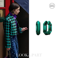 split image of girl on left and pair of green earrings on right