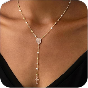 Lariat Necklace 14k Gold Plated Long Cross Rosary