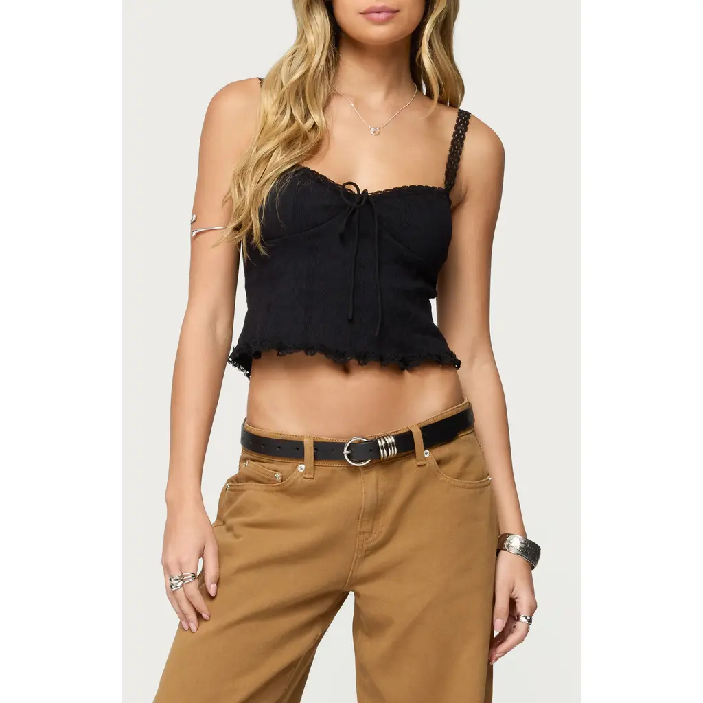 model wearing Lacey Sweetheart Neck Crop Stretch Cotton Tank In Black